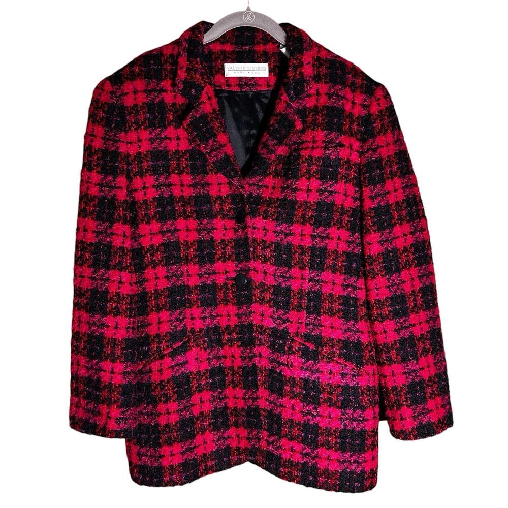 VALERIE STEVENS Women’s Fuchsia Red Black 100% New Wool Plaid Tweed Blazer Sz. 6